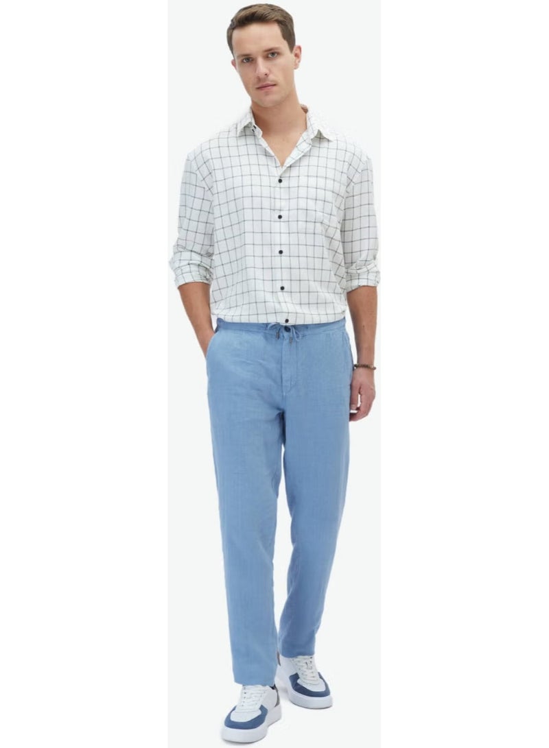 Kip Blue Woven Casual 100% Linen Trousers - Image 1